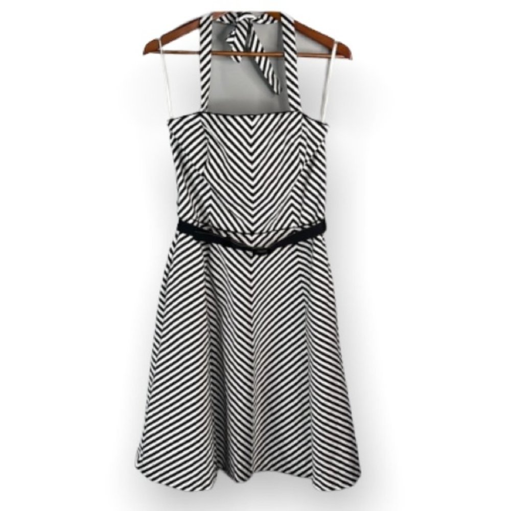 White House Black Market Strapless Halter Dress Black White Stripe Midi Size 10